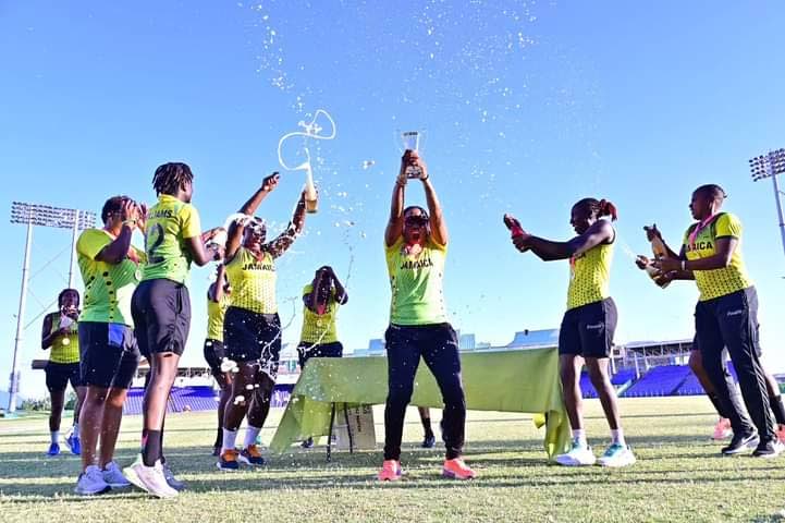 Jamaica women's cricket team celebrate after clinching the regional T20 Blaze title with a perfect record after defeating Leeward Islands at Warner Park in St Kitts on March 25. - Photo courtesy Windies Cricket.  