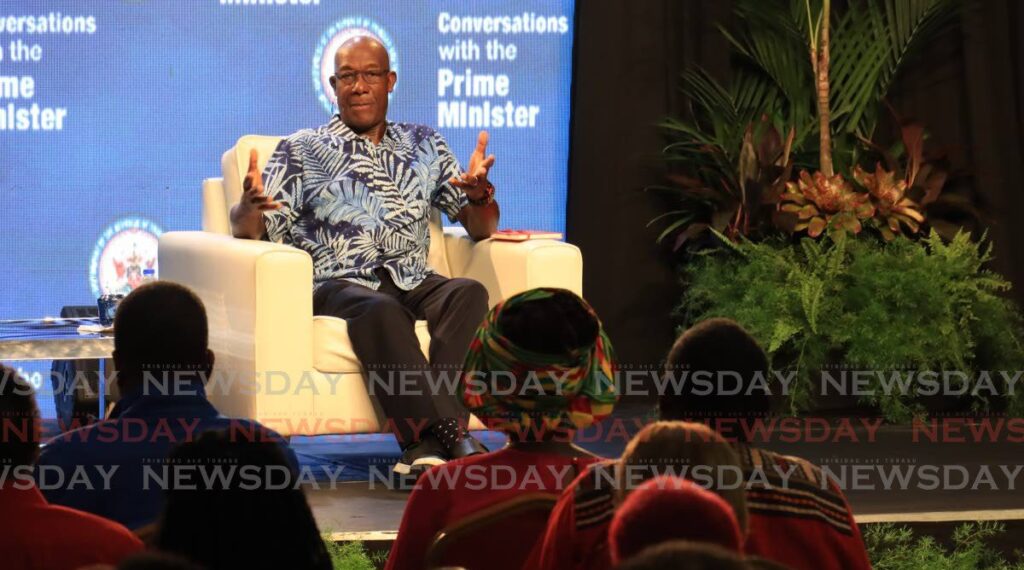 The Prime Minister speaks at Conversations with the Prime Minister at Exodus panyard in Tunapuna on March 26. - Photo by Roger Jacob