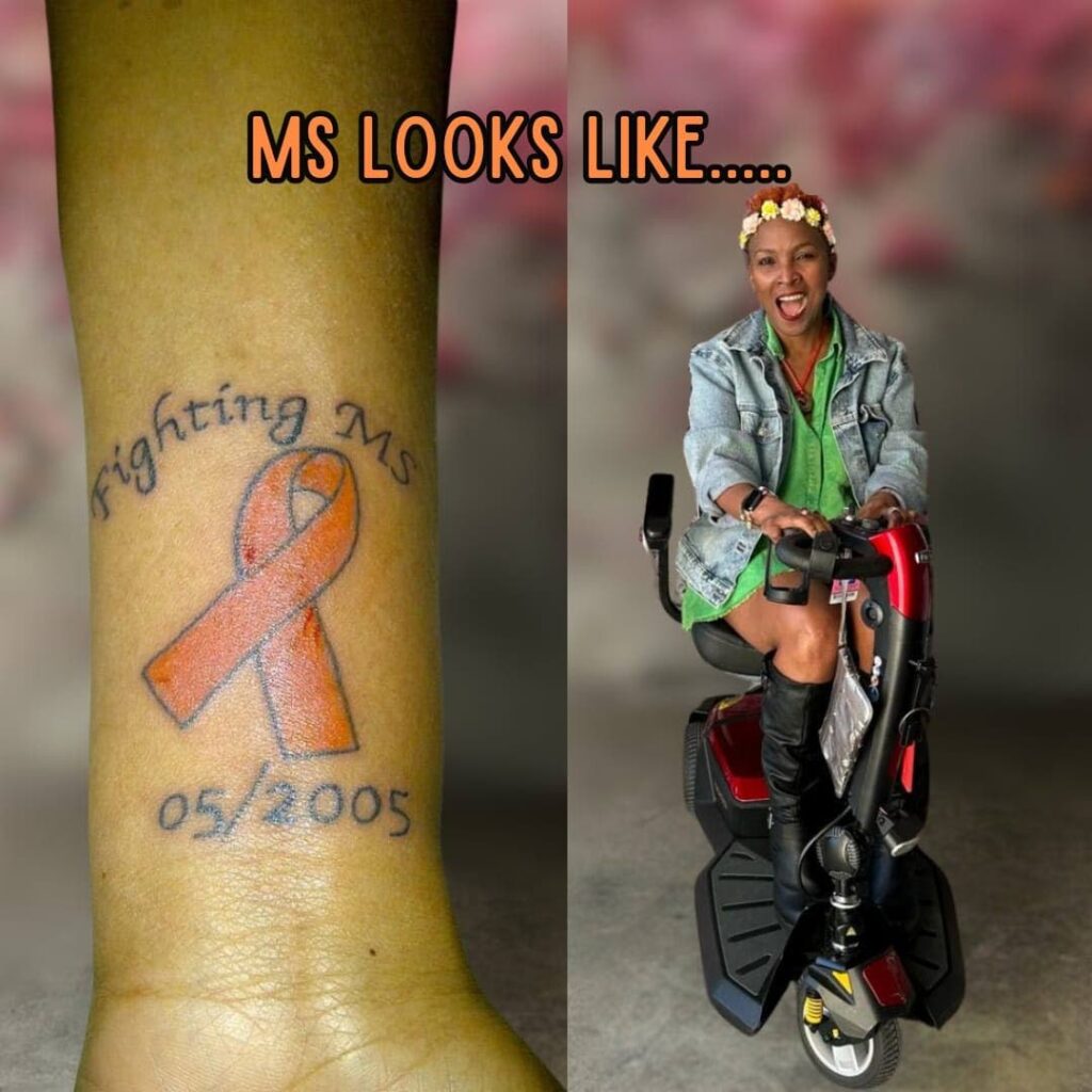 In this composite image, a tattoo on Stacey Samuel-O'brien's left wrist and at right a photo taken at a rooftop party called, Spring into Soca, in Atlanta, US, on March 23. 