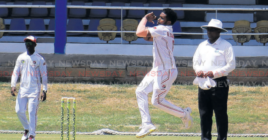 TT’s Bryan Charles bowls during the CWI Regional Four Day Championship round four match against Windward
Islands Volcanoes, on March 13, at the Queen’s Park Oval, St Clair.