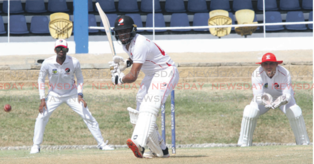 TT Red Force batsman Tion Webster plays a shot during a practice match at the Queen’s Park Oval in St
Clair on Thursday. PHOTO BY ANGELO MARCELLE