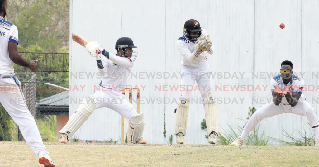 Preysal Sports Club’s Aaron Bankay plays a shot against Powergen Sports Club during a TTCB National
League premier division match at the Inshan Ali Park, Preysal on March 17. - Photo by Ayanna Kinsale