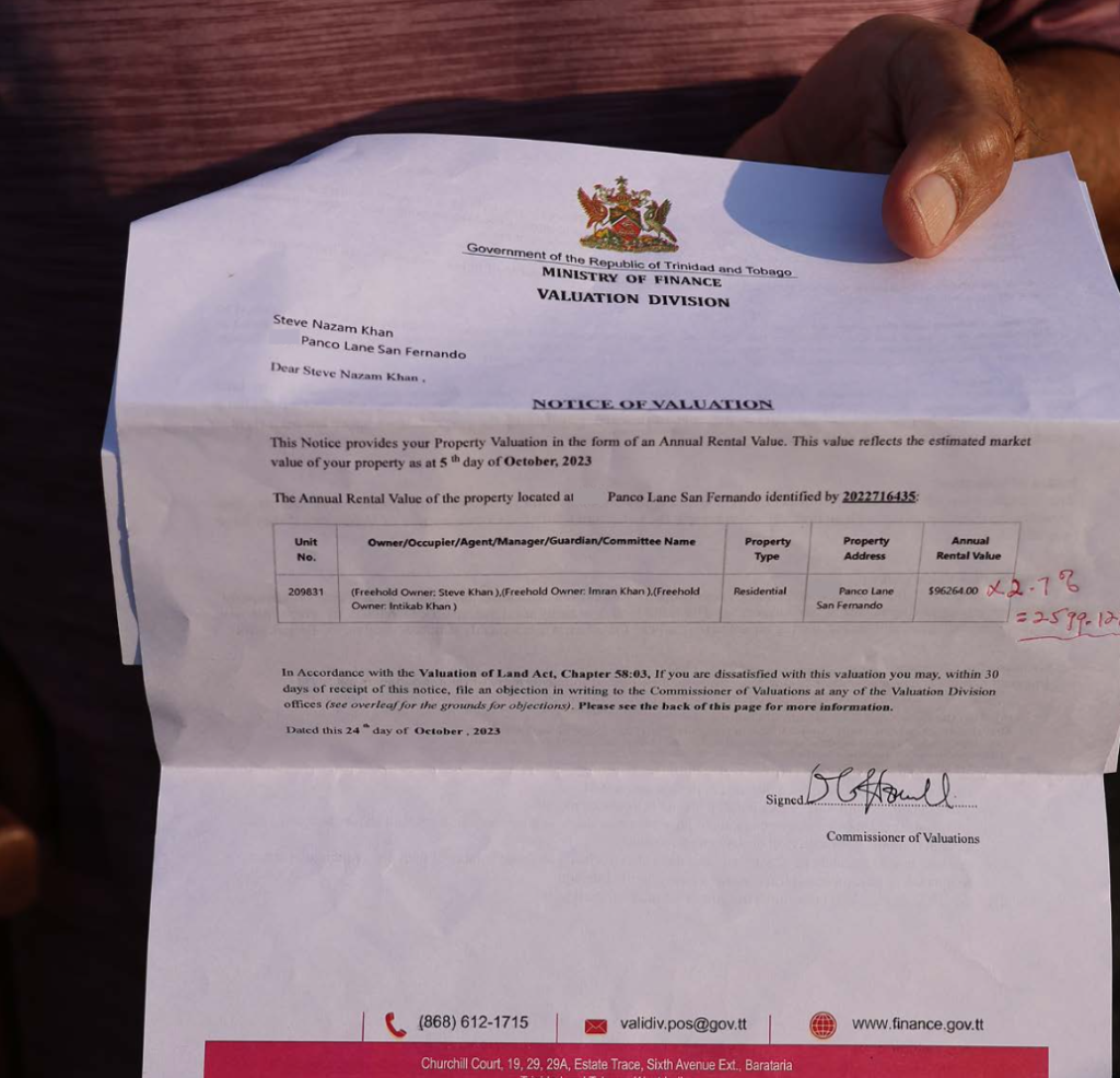 The property tax valuation notice San Fernando resident Steve Khan received, which sets the annual rental value (ARV) of his wooden and concrete house at $96, 264. - Photo by Lincoln Holder