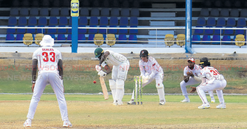 A Windwards batsman solid in defence against Red Force on day three of a CG United Regional Championships match at Queen’s Park Oval, Port of Spain on March 15. - Photo by Roger Jacob