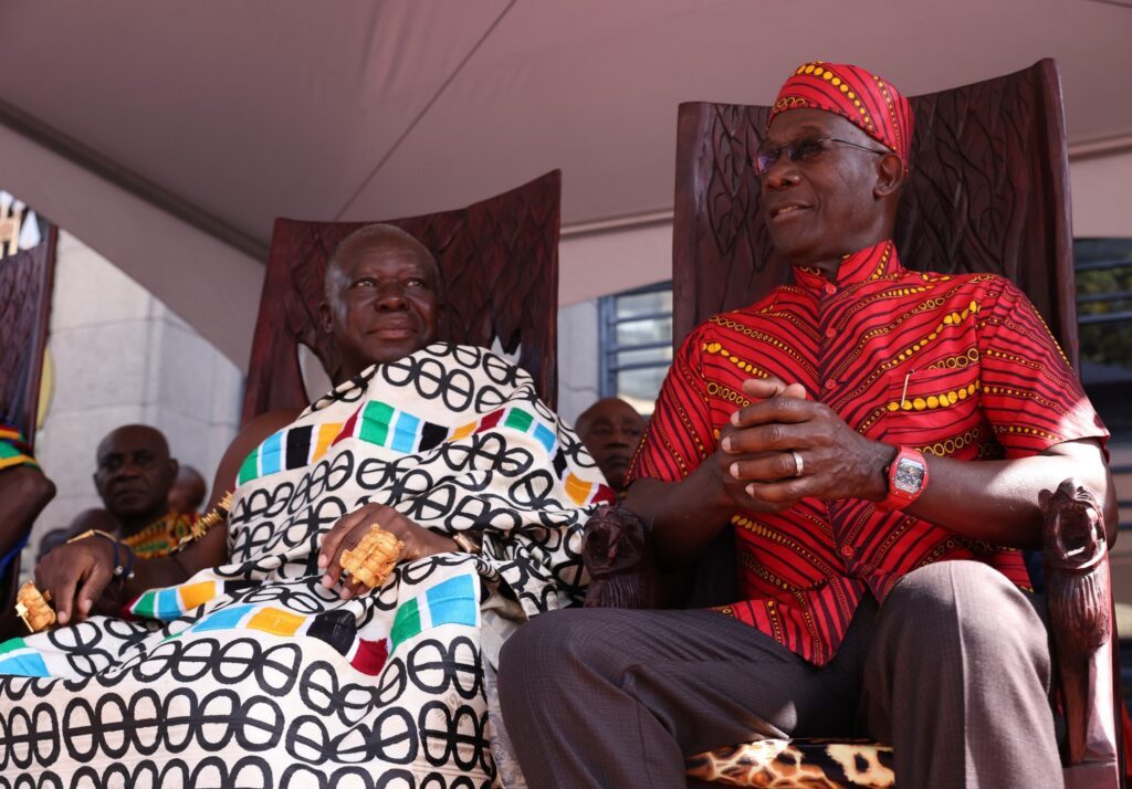 Prime Minister Dr Keith Rowley sits with The Asantehene, His Royal Majesty Otumfuo Osei Tutu II, during the Emancipation Day procession at the Treasury Building, Port of Spain on August first, 2023. - File photo courtesy OPM