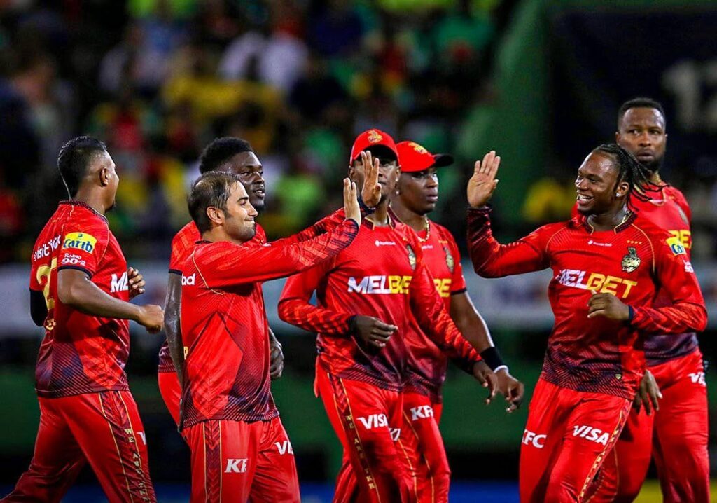Trinbago Knight Riders players celebrate a wicket during the 2023 Republic Bank Caribbean Premier League. - File photo courtesy Trinbago Knight Riders