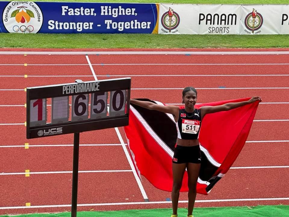 Trinidad and Tobago's Janae De Gannes after winning gold with a 6.50-metre effort which broke the girls Under-20 long jump record on April 1 at Kirani James Stadium, St George's, Grenada. - Photo courtesy the National Association of Athletics Administrations Facebook page