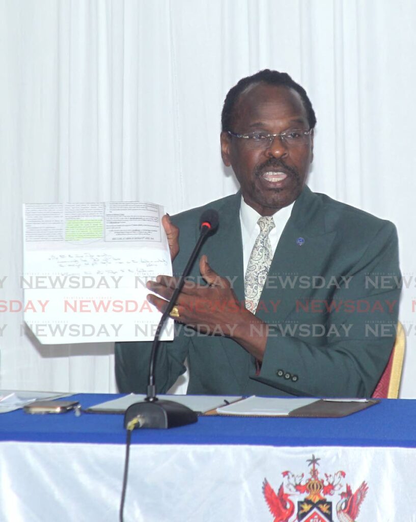 Minister of National Security Fitzgerald Hinds at a national security media conference at the Ministry of National Security on Abercromby St on April 2. - Photo by Faith Ayoung