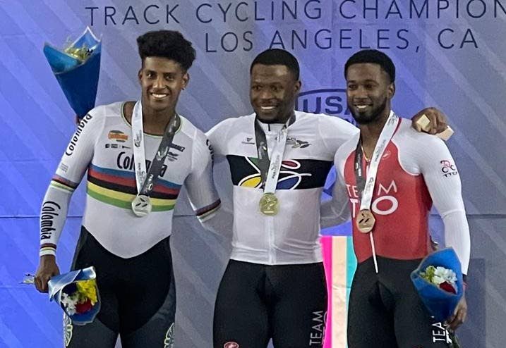 Pan American Track Cycling Championships 2024 men's keirin gold medallist Nicholas Paul, centre, is flanked by silver medallist and reigning keirin world champion Kevin Quintero, left, and bronze medallist Kwesi Browne. Photo courtesy TT Cycling Federation.  - 