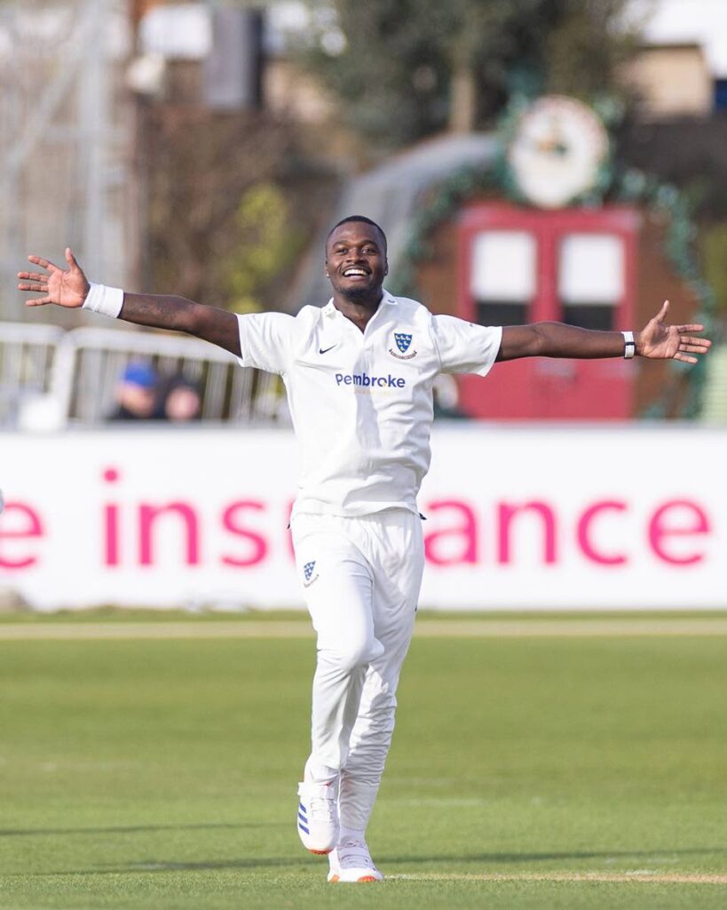 Fast bowler Jayden Seales celebrates a wicket on his county cricket debut. Photo courtesy Sussex - 