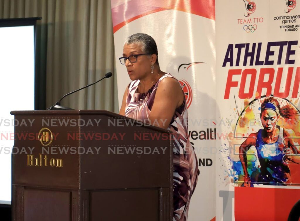 TT Olympic Committee president Diane Henderson speaks at the TTOC/TT Commonwealth
Games Association’s Athlete’s Forum, on April 6, at the Hilton Trinidad, Port of Spain. - Photo by Roger Jacob