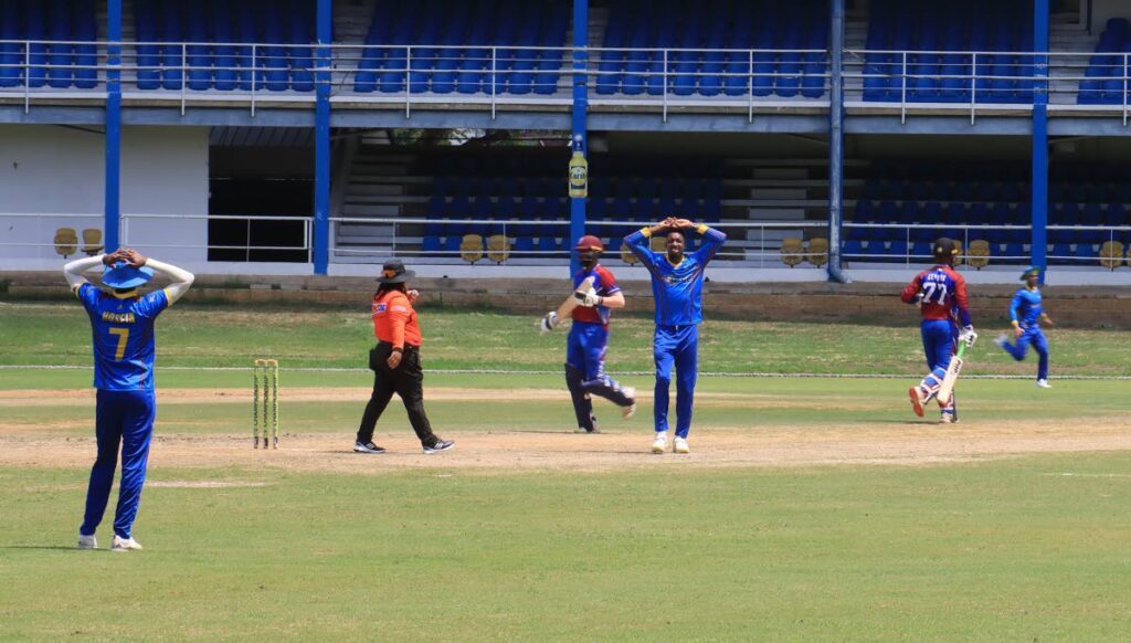 Queen's Park bowler Khary Pierre reacts after a close call against Powergen in the TTCB 50-overs premiership league at the Queen's Park Oval, St Clair, Sunday.  - ROGER JACOB