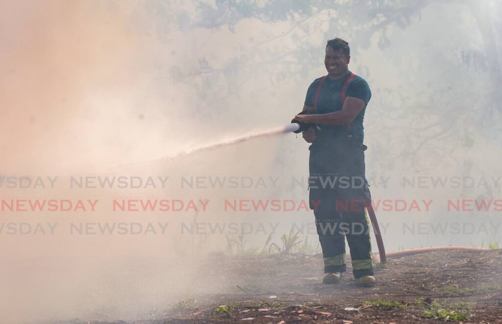 A firefighter closes his eyes tightly in an effort to shut out the smoke as he battles a bush blaze on Balisier Avenue, San Fernando, on April 7.  - Photo by Jeff Mayers