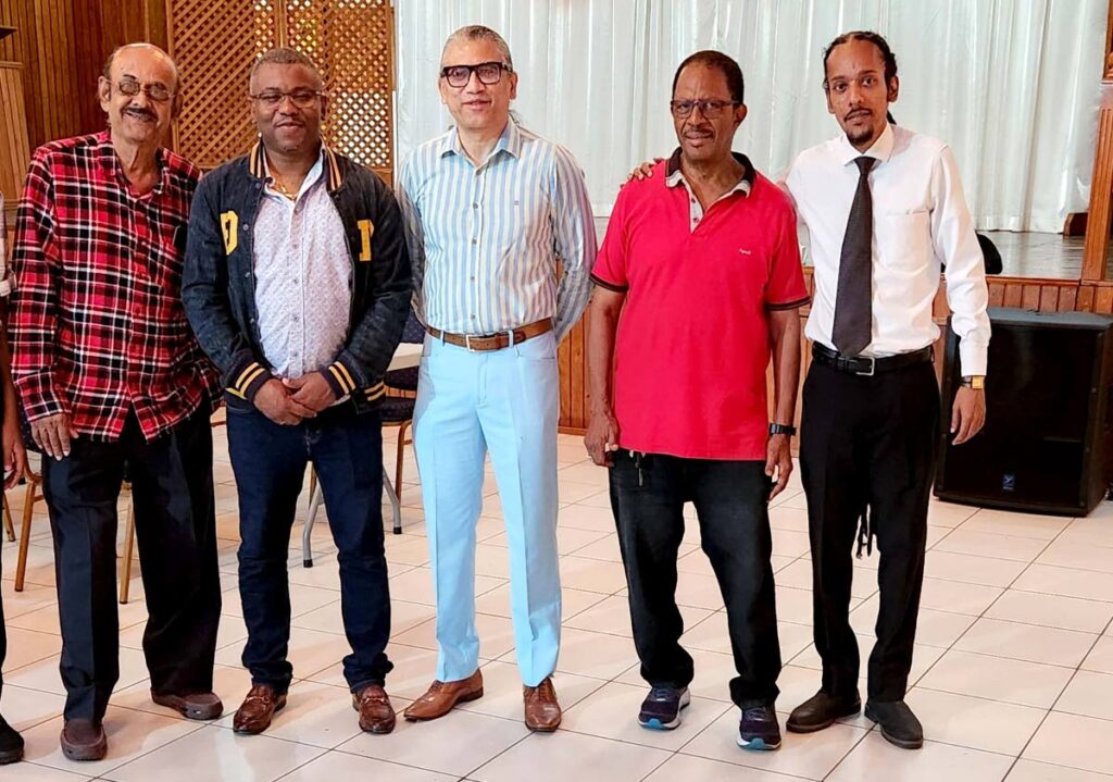 From left: Veteran chess administrator/coach Bhisham Soondarsingh; San Fernando Mayor Robert Parris; Marvin Ramnarine of Friends and Servers of the People, organiser of the twin tournaments; president of Paladins Chess Club Andrew Bowles; and chief arbiter Dev Soondarsingh at San Fernando City Hall last week. - 