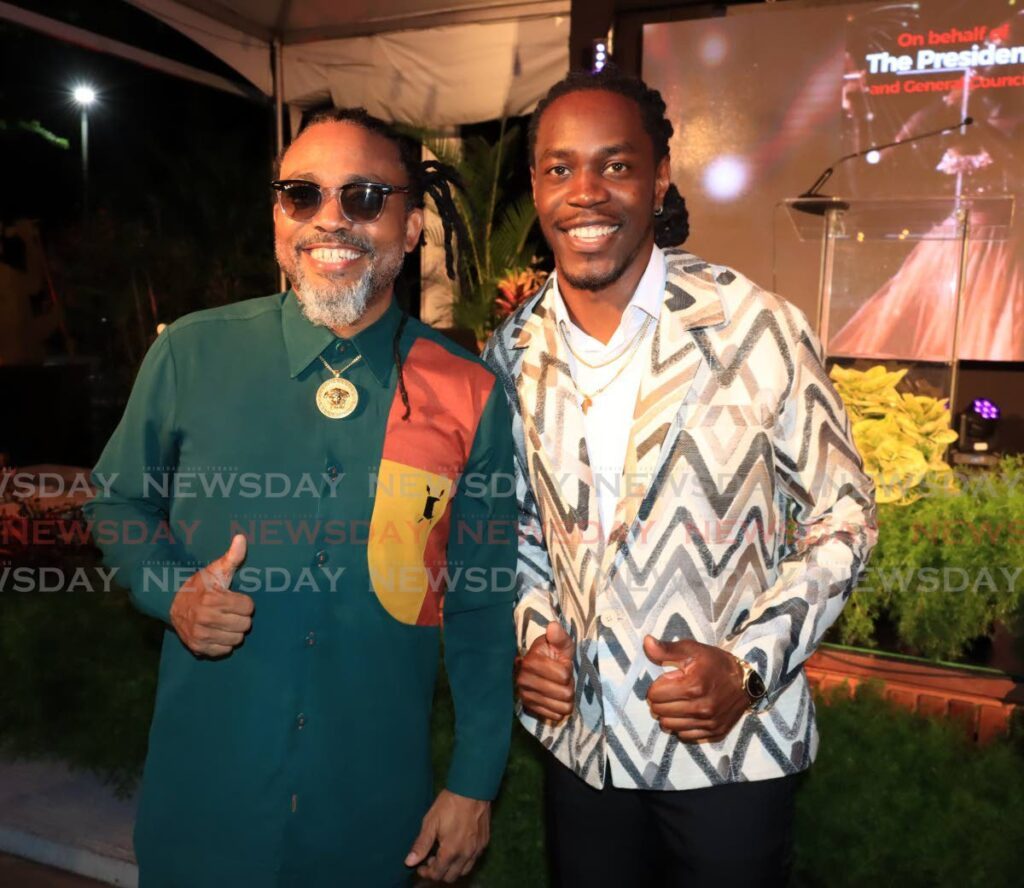 Calypso Monarch Machel Montano and Road March King Mical Teja at TUCO's prize giving ceremony at Queen's Hall, St Ann's, on April 9. - Photo by Roger Jacob