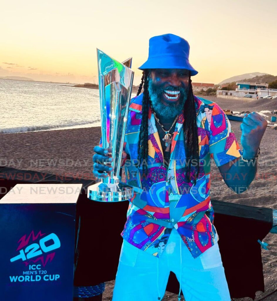 West Indies legend Chris Gayle with the ICC Men’s T20 World Cup trophy. PHOTO COURTESY CRICKET WEST INDIES - 