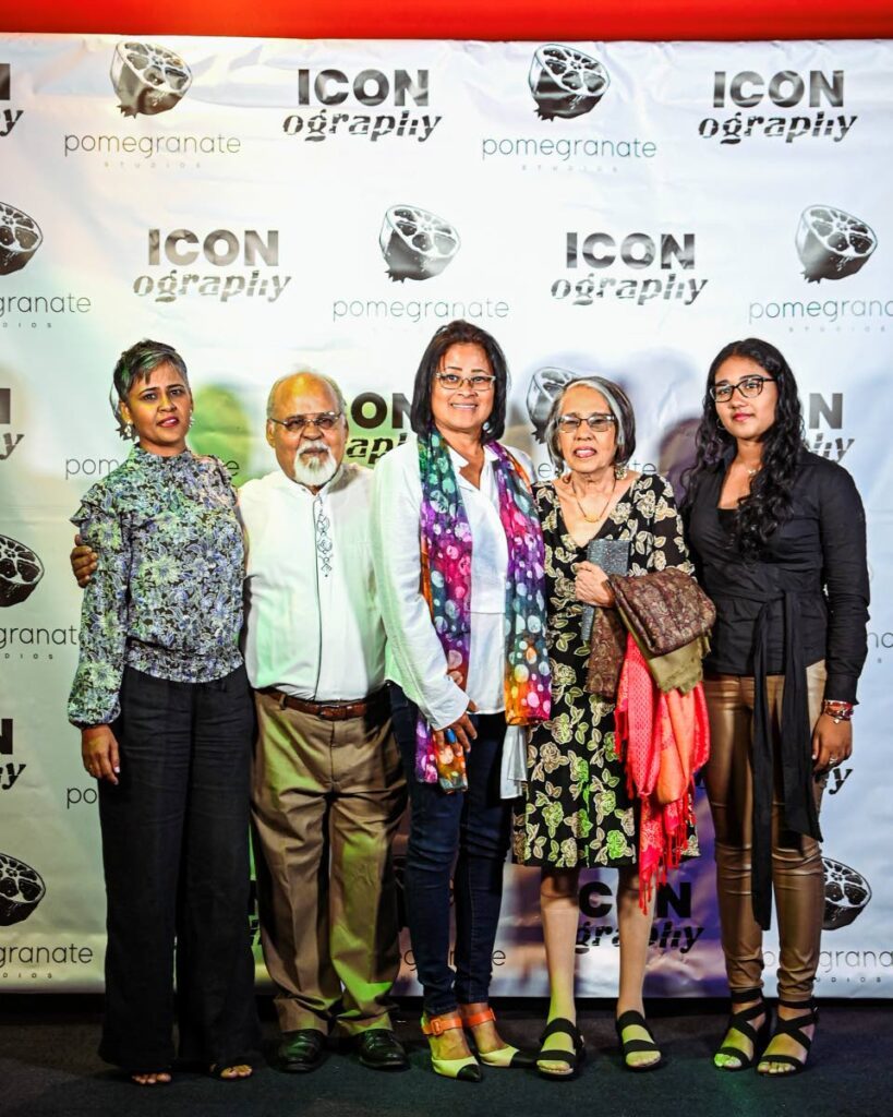 Patasar Family. L-R: Dr Sharda Patasar, Dr Mungal Patasar, Karen Lee Lum,  Roshni Patasar, Amrita Patasar at the premiere of the Iconography: Mungal Patasar film at Queen's Hall on March 22 - Corri Latapy