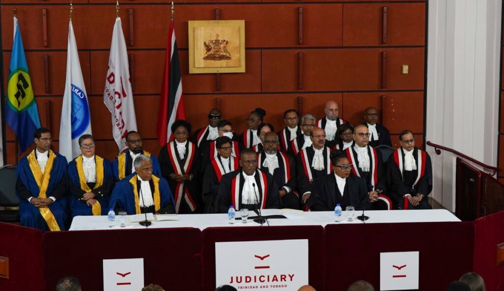 Chief Justice Ivor Archie, centre, with judges of the Supreme Court and judges of the Caribbean Court of Justice, left, during a joint sitting in honour of former chief justice Michael de la Bastide at the Convocation Hall, Hall of Justice, Port of Spain, on April 12. - Photo courtesy Judiciary