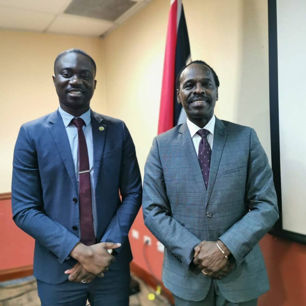 National Security Minister Fitzgerald Hinds and Tobago House of Assembly Chief Secretary Farley Augustine on April 12 at the Ministry of National Security building in Port of Spain. - Photo courtesy Ministry of National Security
