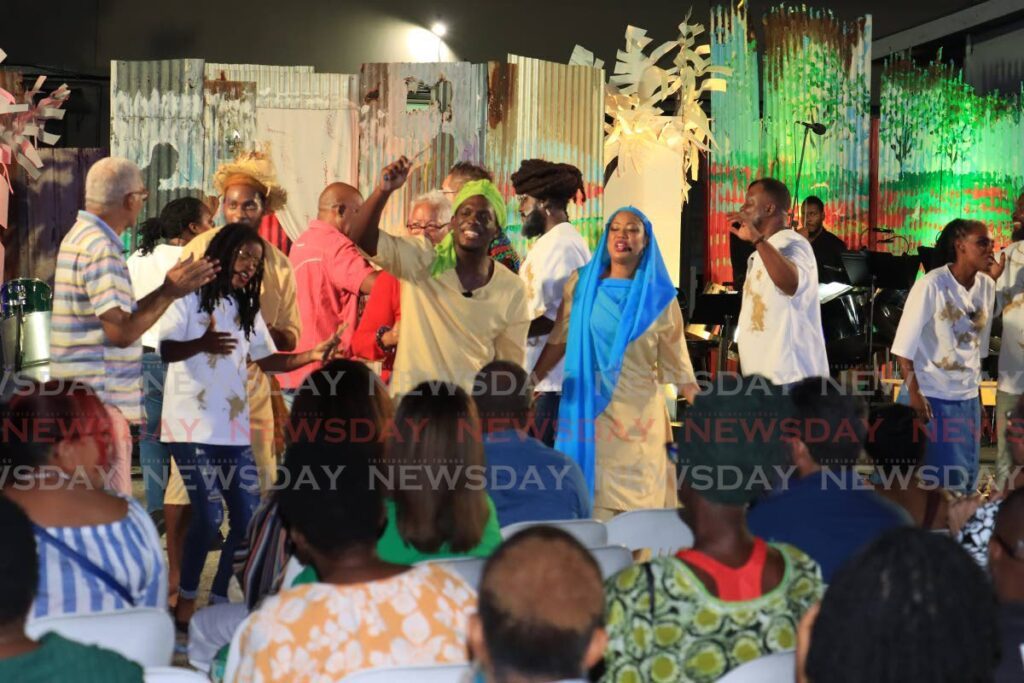 Cast members thank the audience at the closing of steelband musical, Pantopia. - Photo by Roger Jacob