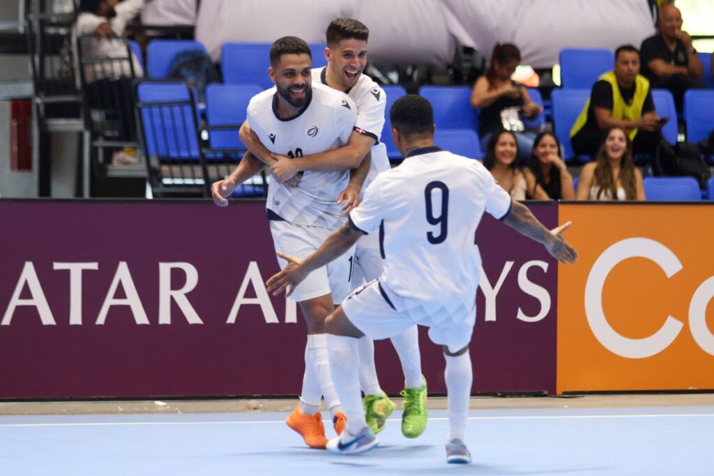 Dominican Republic players celebrate a goal during their 7-6 win over the US in the 2024 Concacaf Futsal Championship at the Polideportivo Alexis Argüello stadium, Managua, Nicaragua on April 14. - Photo courtesy Concacaf