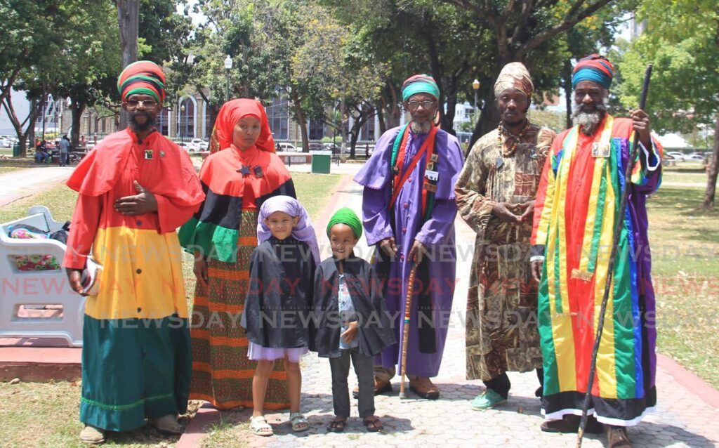 Ethiopian Black International Congress aka the Bobo Shanti commemorate the visitation of Emperor Haile Selassie 58 years ago on April 18 at Woodford Square Port of Spain on April 16. - Photo by Faith Ayoung