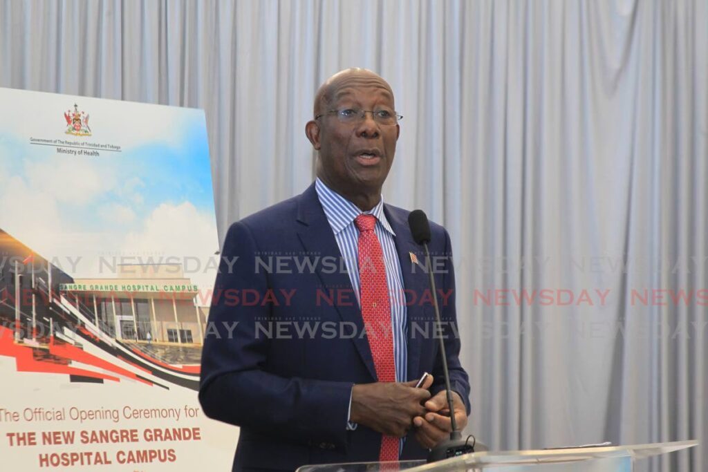 Prime Minister Keith Rowley speaks at the opening ceremony of the Sangre Grande Hospital campus, Ojoe Road, Sangre Grande on April 17. - Faith Ayoung