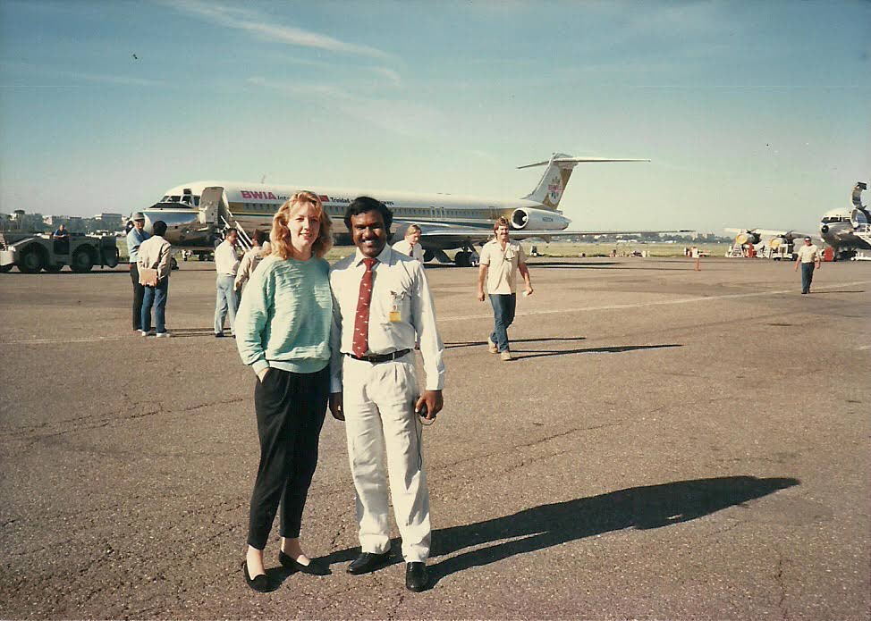Denise Clarke, planning officer, Douglas Aircraft Company, left and Ramesh Lutchmedial pose infront of a BWIA MD83 aircraft at Santa Barbara airport in 1989. - Photo courtesy Ramesh Lutchmedial