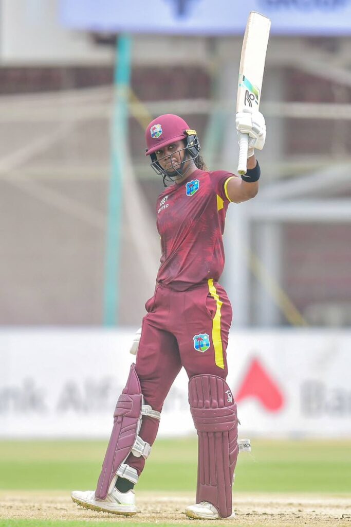 West Indies women's captain Hayley Mattews raises her bat during her career-best ODI knock at the National Bank Stadium, Karachi against Pakistan on Thursday. Photo courtesy CWI Media.  - 