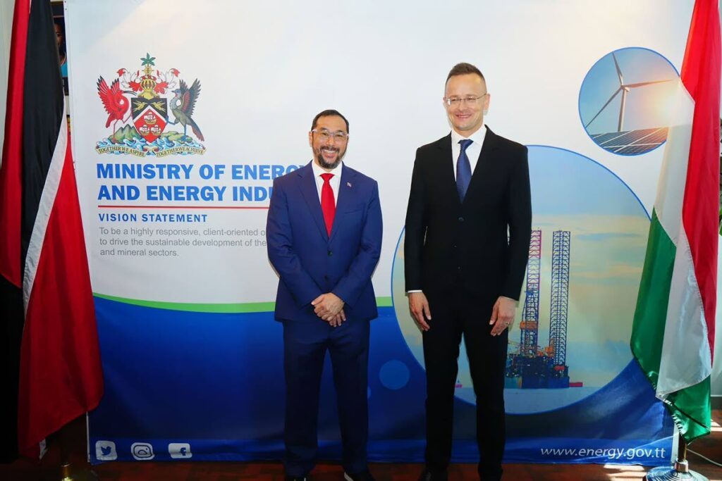 Stuart Young, Minister of Energy and Energy Industries, left and Péter Szijjártó, Minister of Foreign Affairs and Trade of Hungary. -
Photo courtesy MEEI 
