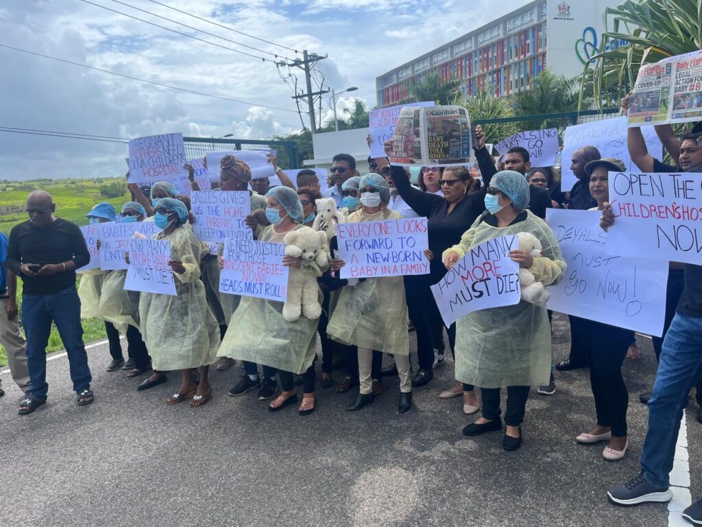 UNC supporters during a protest outside the Couva Hospital and Multi-Training Facility on April 20. - Photo courtesy UNC