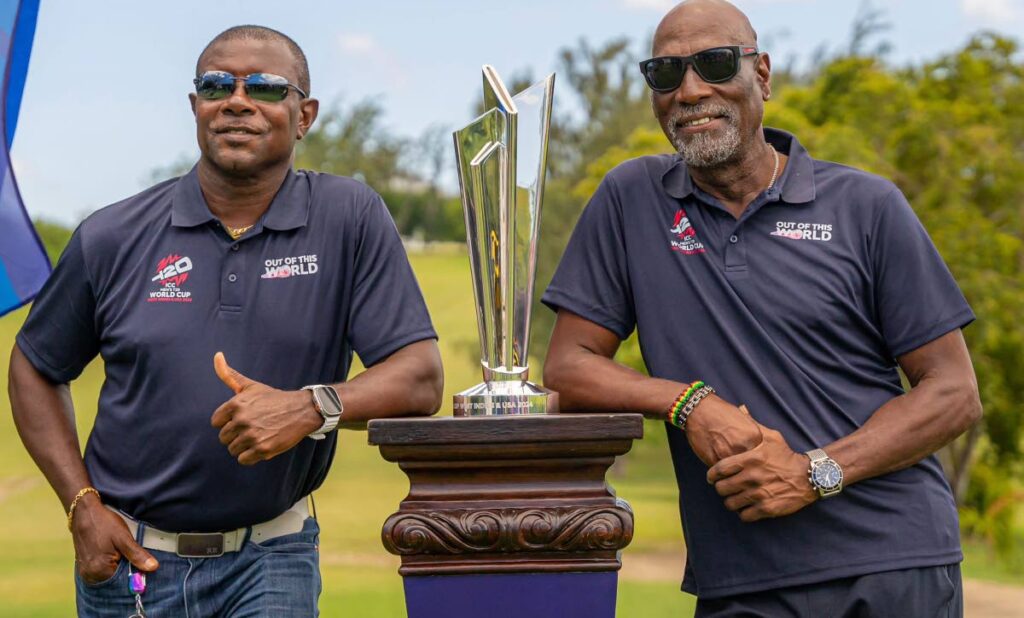 West Indies greats Sir Richie Richardson (L) and Sir Vivian Richards during the Antigue leg of the ICC T20 World Cup trophy tour on April 17, 2024. - Photo courtesy CWI Media.