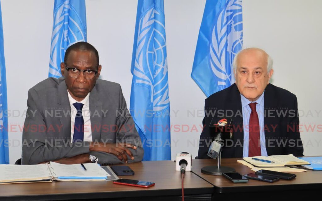 Permanent Observer of the State of Palestine to the UN Riyad Mansour, right, and Permanent Representative of Senegal to the UN Cheikh Niang at a media conference with the Bureau of the Committee of the Exercise of the Inalienable Rights of the Palestinian People at the United Nations office on Chancery Lane, Port of Spain, on April 23. - Photo by Faith Ayoung