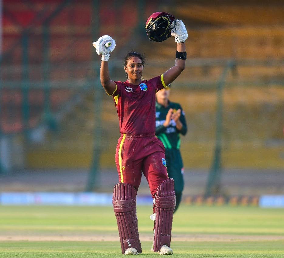 West Indies Women's captain Hayley Matthews celebrates her sixth ODI century during the third match against Pakistan, at the National Bank Stadium, Karachi, on April 23, 2024. - Photo courtesy PCB