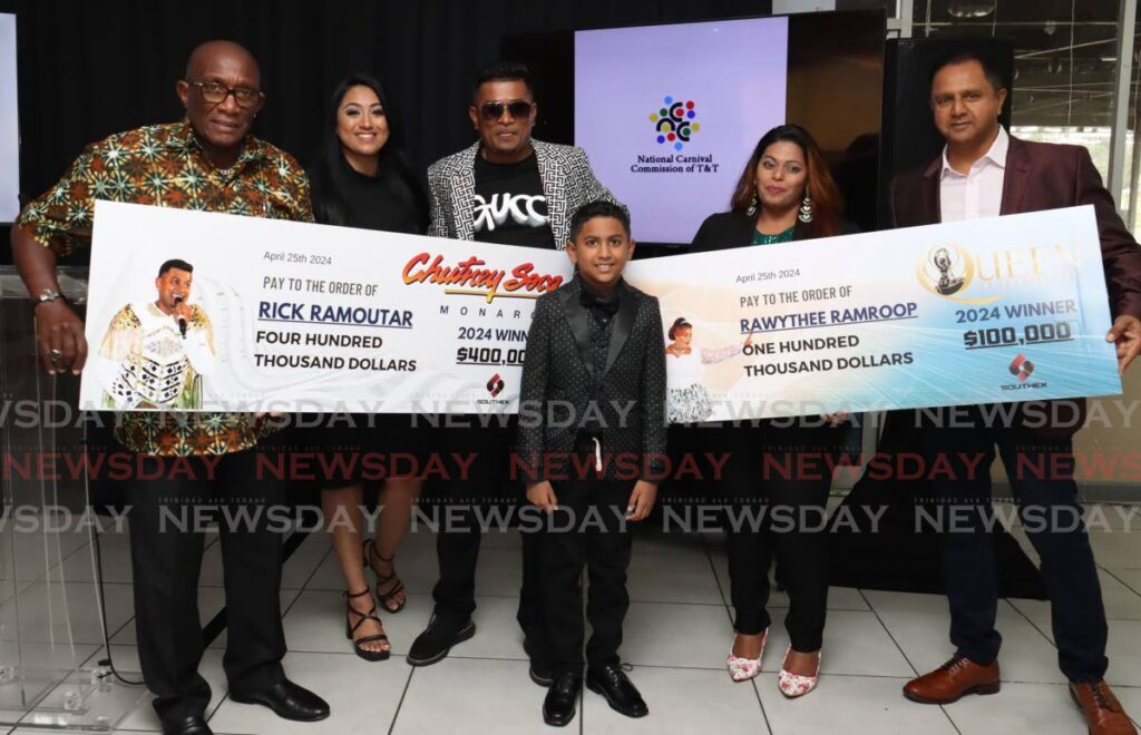 From left, NCC chairman Winston “Gypsy” Peters, Vanessa Ramoutar, 2024 Chutney Monarch Rick Ramoutar, his son, RJ Ramoutar, 8 , 2024 Chutney Queen Rawythee Ramroop and Southex CEO George Singh at the Chutney Soca Monarch prize-giving ceremony at the Queen’s Park Savannah, Port of Spain, on April 25. - Photo by Faith Ayoung