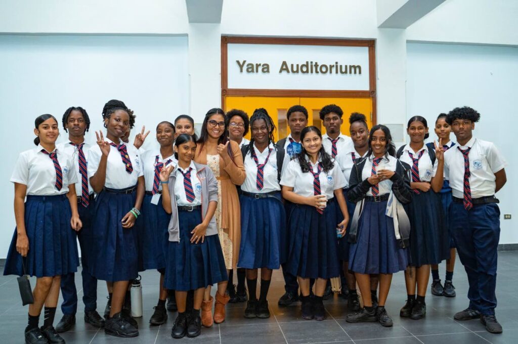  Ambika Ramdass, Marabella North Secondary schoolteacher and Today, Today Congotay! director with drama students who took part in the Climate Justice Micro-theatre Festival. - 