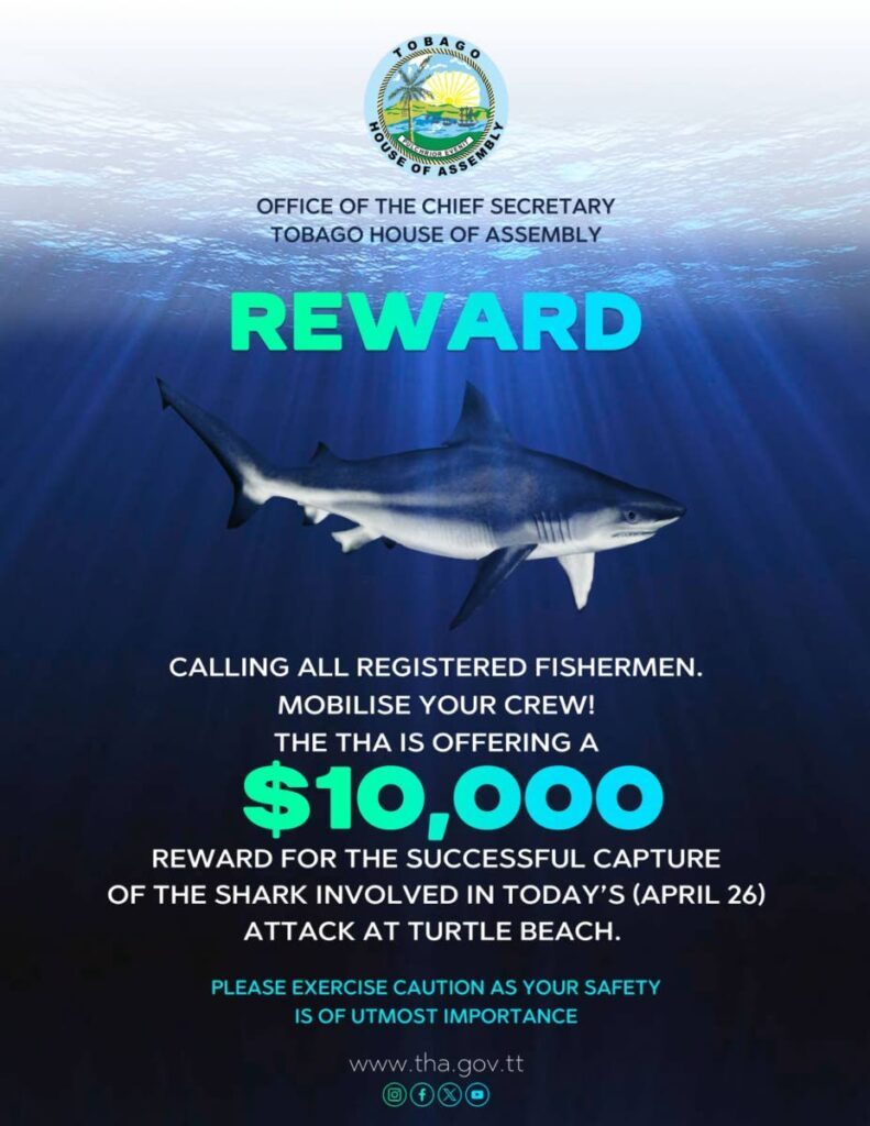The Tobago House of Assembly is offering a $10,000 reward for the capture of the shark involved in  the shark attack at Courland Bay on April 26. - Photo courtesy THA 