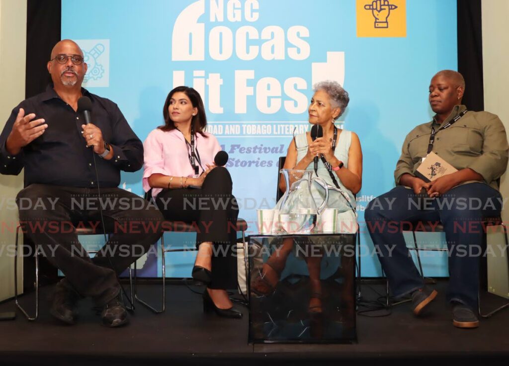Newsday columnist Mark Lyndersay makes a point during the NGC Bocas Lit Fest panel discussion They Don’t Write Them like They Used to on April 26 at the Old Fire Station in Port of Spain. Other members of the panel, from second left, are investigative reporter Asha Javeed, Bocas Lit Fest founder and director Marina Salandy-Brown and journalist Franka Philip. - Photo by Ayanna Kinsale