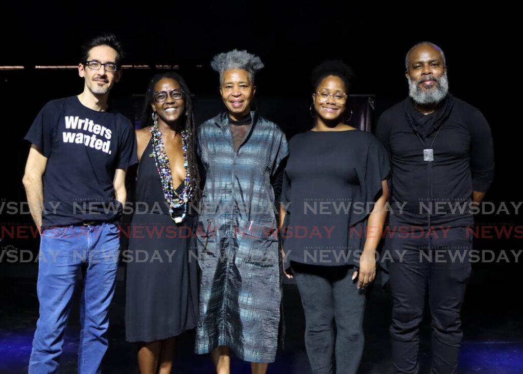 Author Dionne Brand, centre, with, from left, NGC Bocas Lit Fest programme director Nicholas Laughlin, Elisha Efua Bartels, Mandisa Granderson and Conrad Parris during the celebration of the 25th anniversary of the landmark novel At the Full and Change of the Moon by Brand at the Big Black Box, Murray Street, Woodbrook. - Photo by Ayanna Kinsale