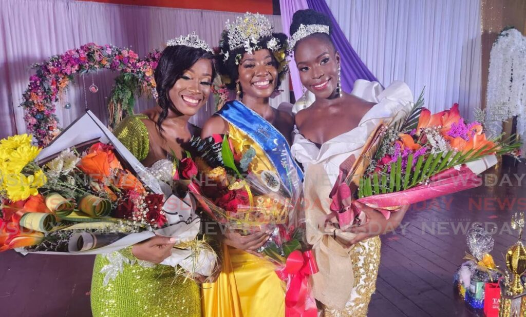 Newly crowned Point Fortin Borough Queen Nikeisha Garrette, centre, with first runner up Jimaya Burnette, left, and second runner up Niome Nedd, right, at the Point Fortin East Secondary School on April 27. - Photo by Yvonne Webb