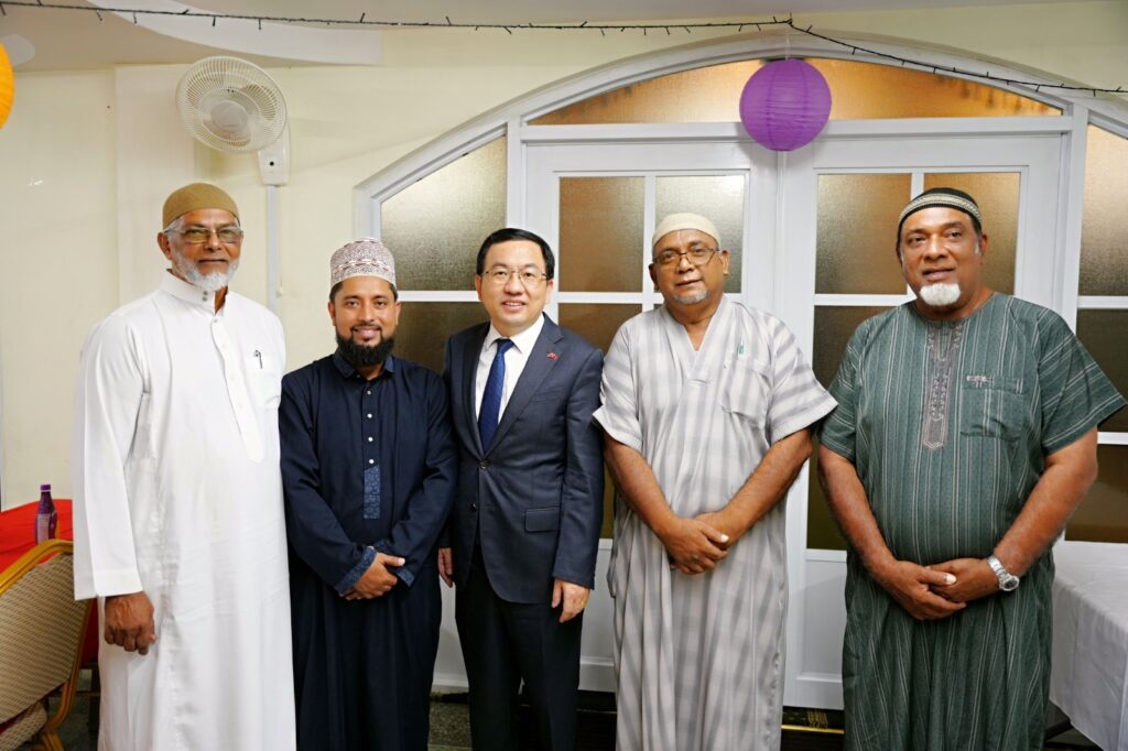 From left: 
ASJA’s acting president general Imam Ahamad Hosein, Imam of the Markaz al ASJA Masjid Mufti Zaidur Raza, Fang Qiu, Ambassador Extraordinary of the People's Republic of China to the Republic of TT, president of the Markaz al ASJA Masjid Brother Shazard Mohammed and ASJA  executive member Brother Haidar Ali-Hosein at the Markaz Al ASJA Masjid in Charlieville on April 8. - Photo courtesy the Chinese Embassy