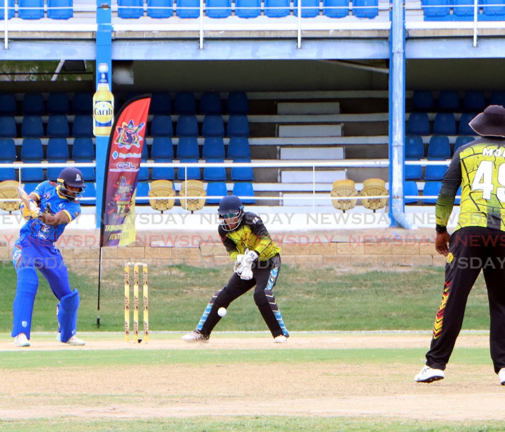 QPCC's Isaiah Rajah hits a four vs Merry Boys in the TTCB T20 Festival at the Queen's Park Oval, Port of Spain on April 26. - Photo by Angelo Marcelle
