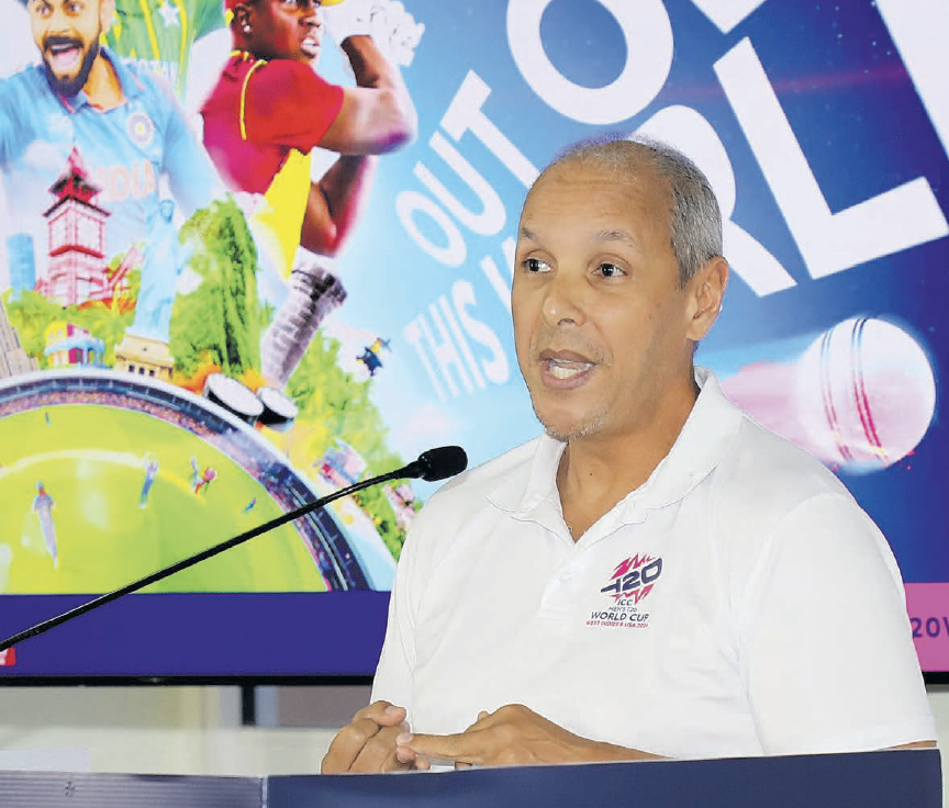Damon Leon, head of PR and communucations for the 2024 ICC T20
Men’s World Cup, speaks during a media briefing at the Queen’s Park
Oval in St Clair on Tuesday.
Photo courtesy the Office of the Prime Minister