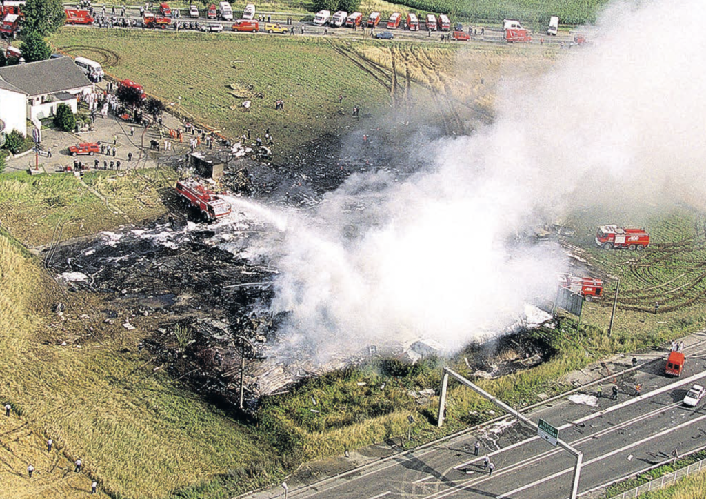 Aerial view of the scene where an Air France Concorde plane crashed on July 25, 2000 onto a hotel in Gonesse, outside Paris, France.
Photo courtesy AP
