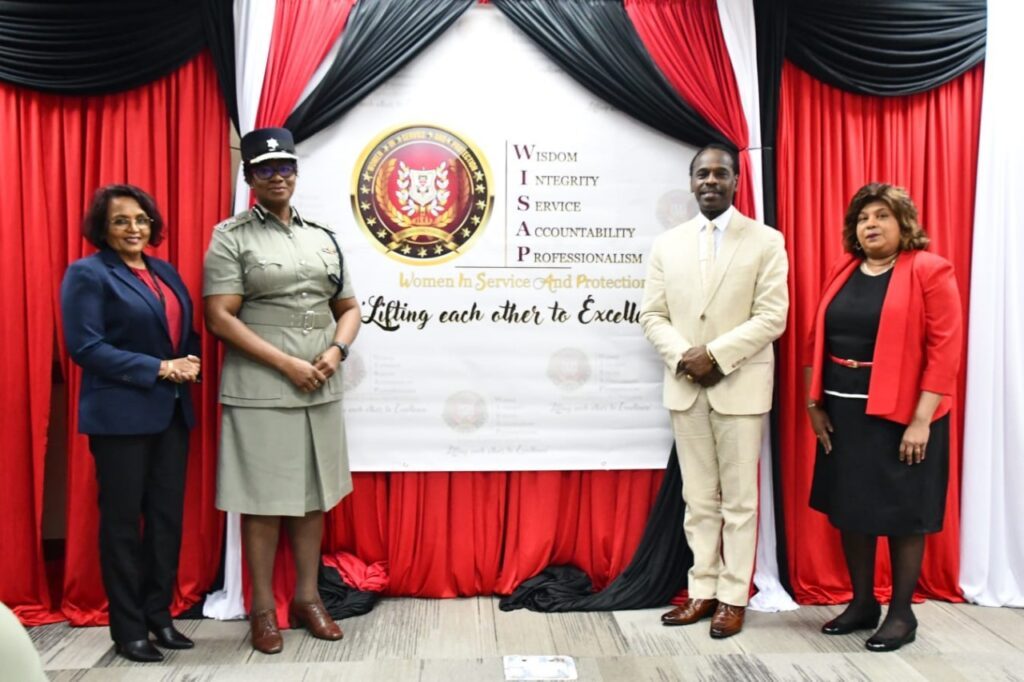 From left, deputy comptroller of corporate services, customs and
 excise division, Savitri Ramjit; Commissioner of Police Erla Harewood-Christopher; Minister of National
Security, Fitzgerald Hinds and chief immigration
officer, immigration division, Vera Persad, during the official launch of WISAP at the Ministry of National Security, Port of Spain on April 17. - Photo courtesy the Ministry of National Security
