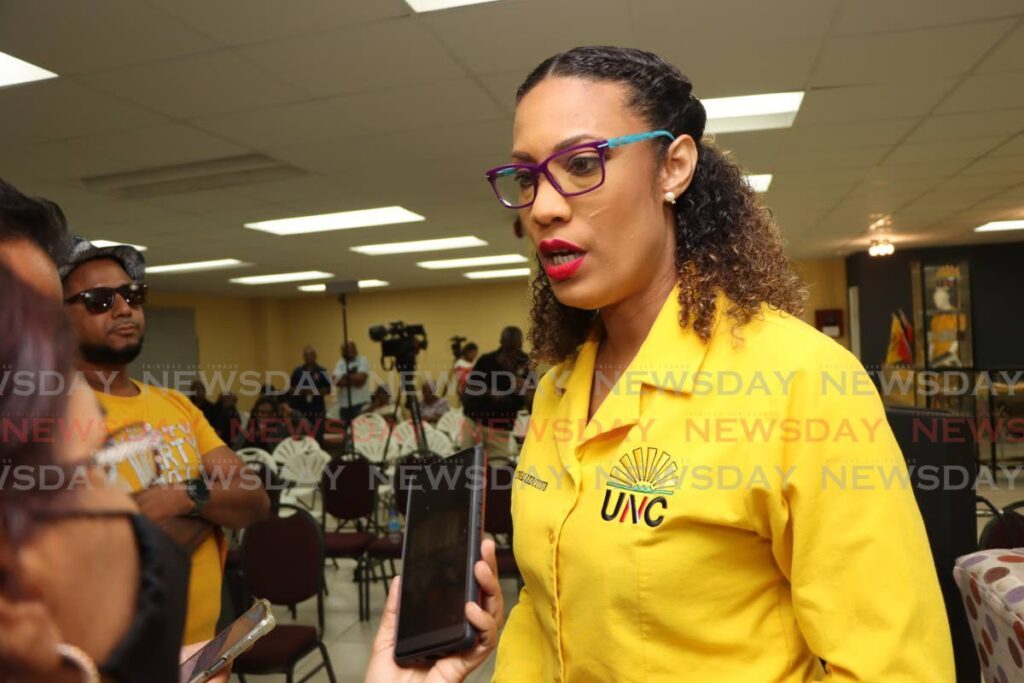 UNC vice chairman Khadijah Ameen speaks to the media at the party's headquarters in Chaguanas on August 14, 2023.  - Photo by Angelo Marcelle