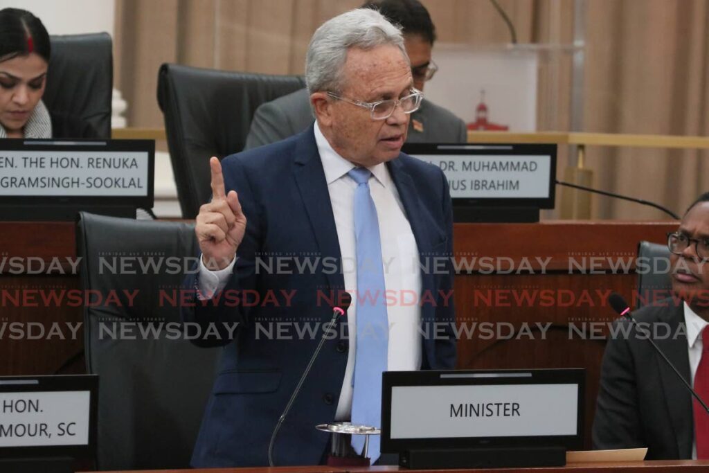 Finance Minister Colm Imbert winds up debate on the budget in the Upper House last October. - Photo courtesy Office of the Parliament 