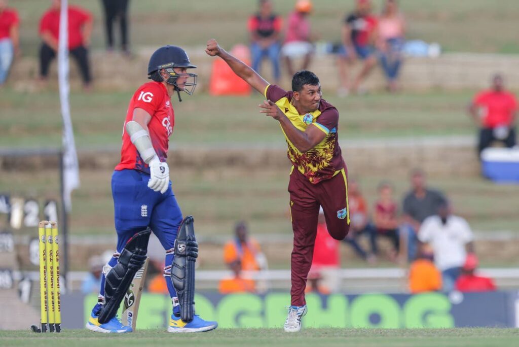 West Indies left-arm spinner Gudakesh Motie bowls in a series against England last year. - File photo by Daniel Prentice