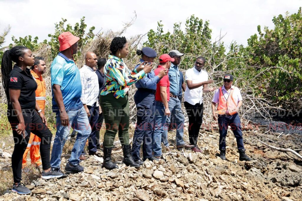 Chief Secretary Farley Augustine, second from right, inspects an area affected by the February 7 oil spill with Prime Minister Dr Keith Rowley, third from right, and other officials in February. - THA