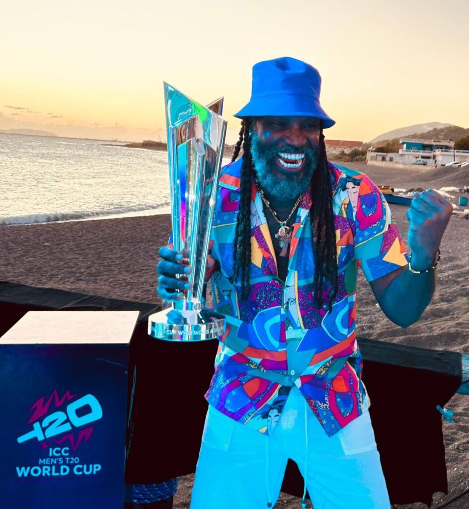 West Indies legend Chris Gayle with the ICC Men’s T20 World Cup trophy. - Photo courtesy Cricket West Indies